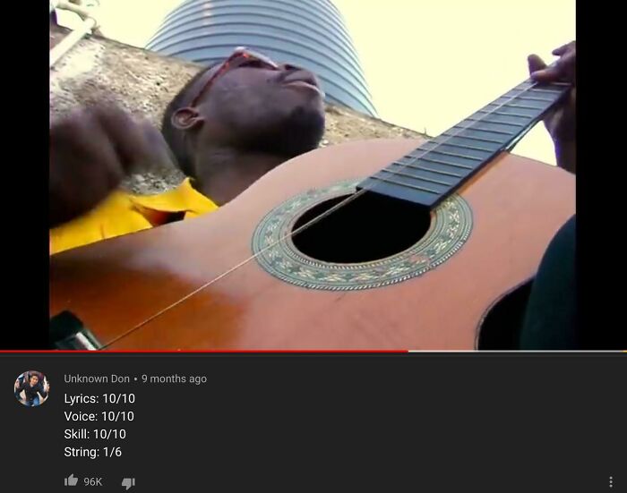 Man playing acoustic guitar with a humorous internet comment showing skill ratings and screenshots from weird moments online