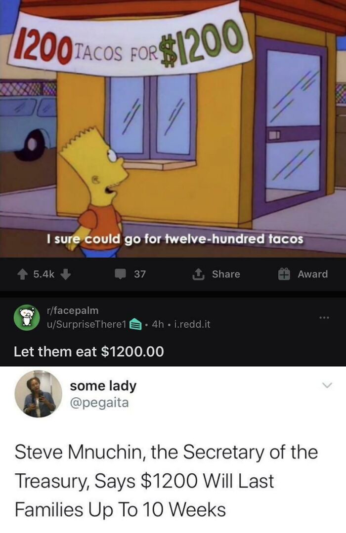 Meme showing a Simpsons character with 1200 tacos for $1200, highlighting internet weirdness and funny screenshots.