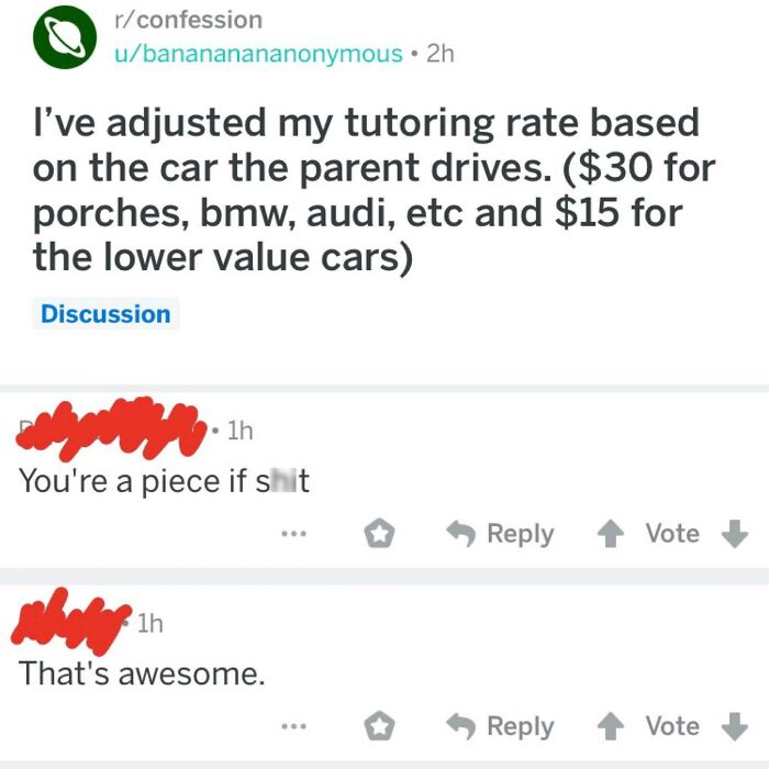 Reddit conversation screenshot showing a tutoring rate based on car value with mixed reactions, highlighting internet weirdness.