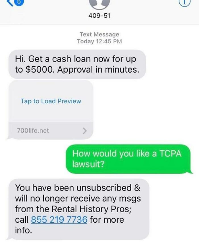 Text message exchange showing a weird internet conversation about a cash loan and a TCPA lawsuit screenshot.
