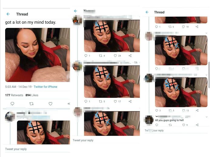 Screenshot of a social media thread showing multiple reposts of a woman with unusual markings on her forehead, capturing weird internet moments.