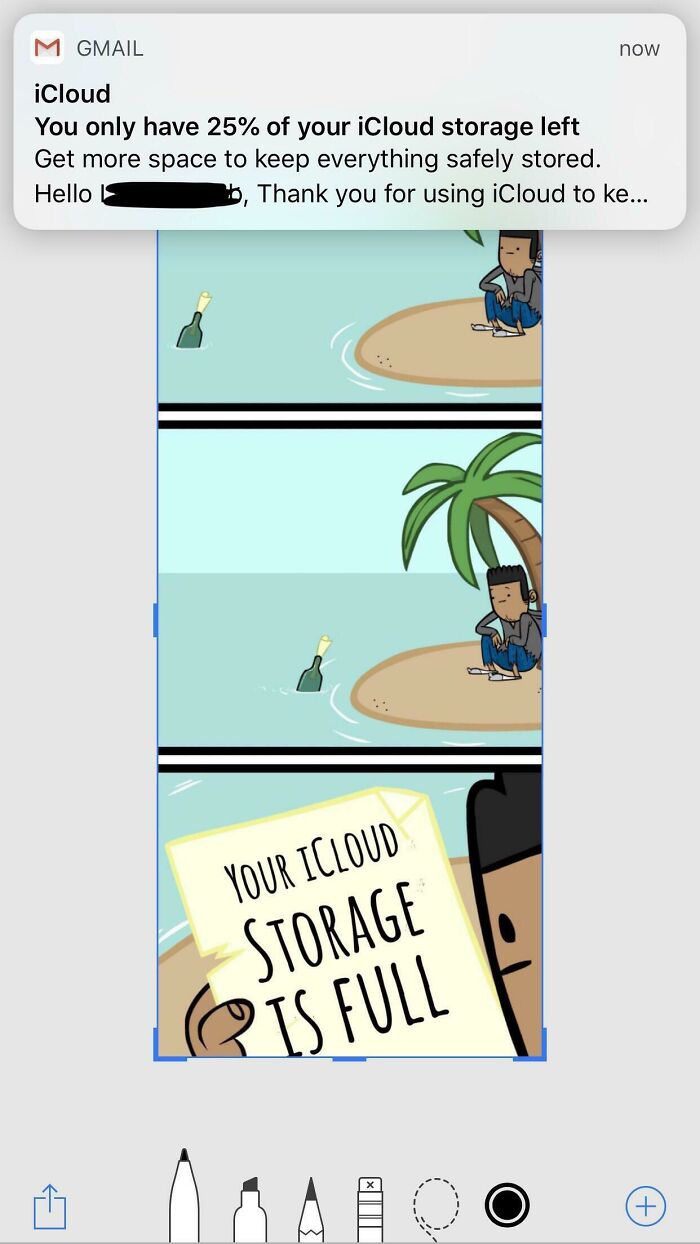 Screenshot showing quirky iCloud storage warning with an illustrated message and Gmail notification about low space.
