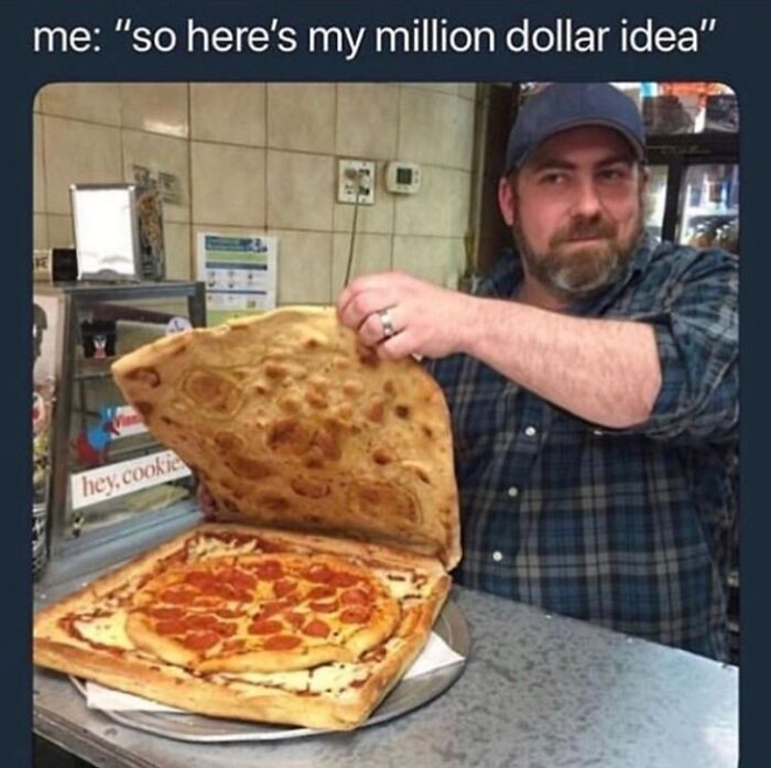Man revealing a square pizza with a smaller round pepperoni pizza inside, showcasing a weird internet screenshot moment.