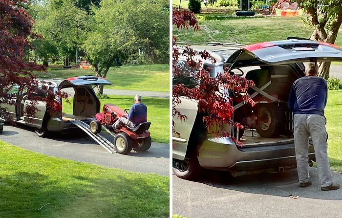 Dad hilariously transporting a lawn tractor into an SUV, perfectly nailing fatherhood with creative problem-solving outdoors.