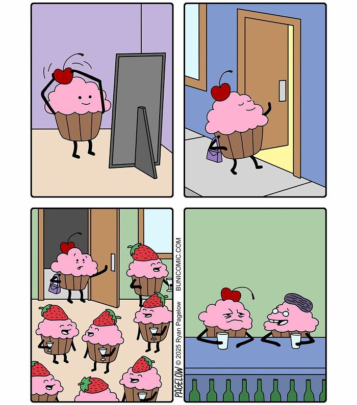Buni comic panels showing a cupcake character meeting a group of strawberry cupcakes, capturing cute yet twisted humor.