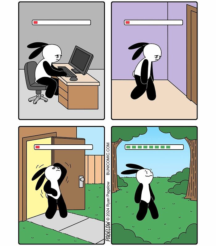 Buni comic showing a rabbit's energy bar gradually filling from tired indoors to fully recharged outdoors in nature.