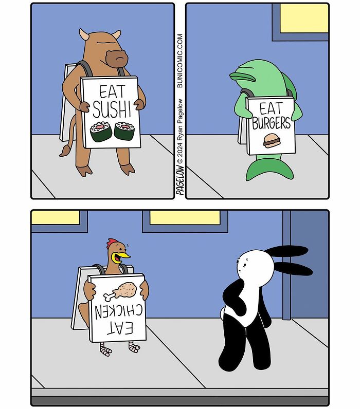Three cute yet twisted Buni comics featuring animals holding signs that say eat sushi, eat burgers, and eat chicken.