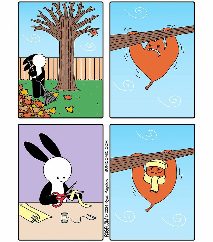 Cute yet twisted Buni comic panels featuring a rabbit and a leaf in a humorous autumn scene.