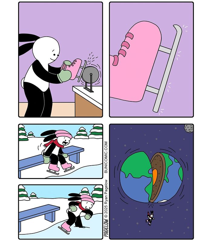 Buni comics showing a twisted skating scene ending with a bunny falling off Earth’s c*****d surface in a cute style.