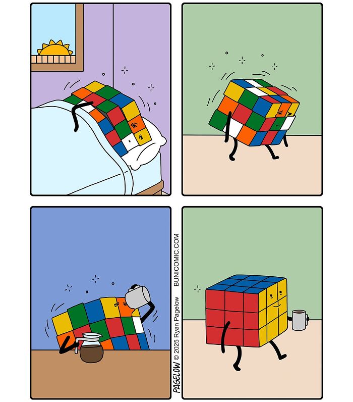 Buni comic of a Rubik's Cube character waking up, stretching, pouring coffee, and smiling while holding a cup.