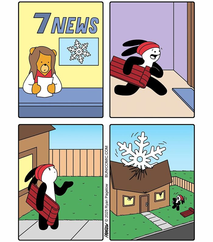 Buni comic panels showing a bunny carrying wood, watching a snowflake crash into a house, in a cute yet twisted style.