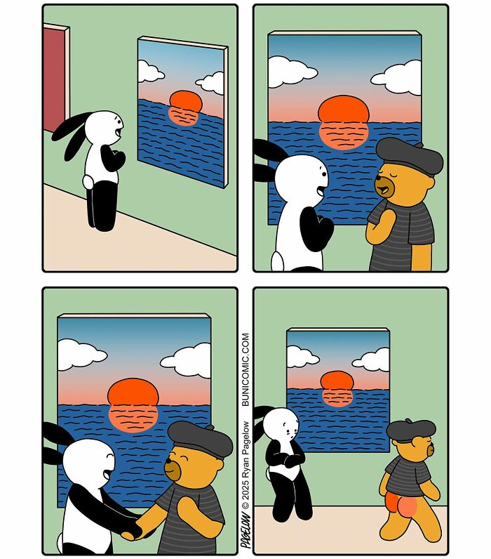 Cute yet twisted Buni comic showing a bunny and bear interacting before a sunset painting in a humorous scene.