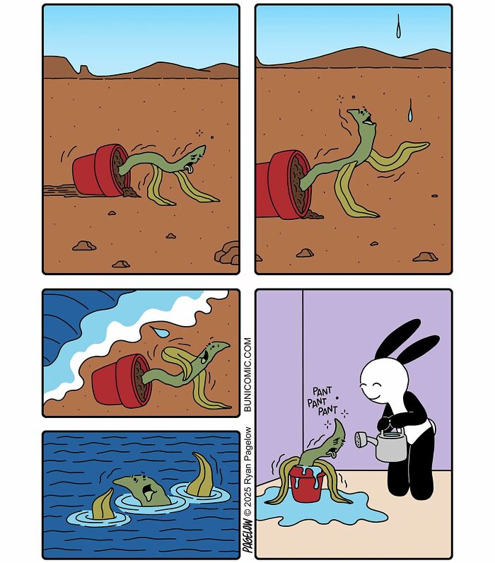 Buni comic strip showing a snake-like plant escaping a pot and being watered by a bunny character.