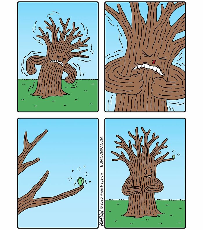 Angry tree in Buni comic struggles, then proudly shows a glowing ring on its branch in a cute yet twisted comic style.