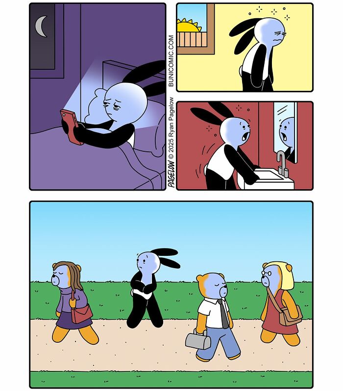 Buni comic strips featuring a cute yet twisted rabbit character in various humorous and relatable situations.