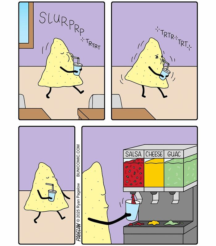 Buni comic strip featuring a walking chip drinking and filling a cup from salsa, cheese, and guac dispensers.