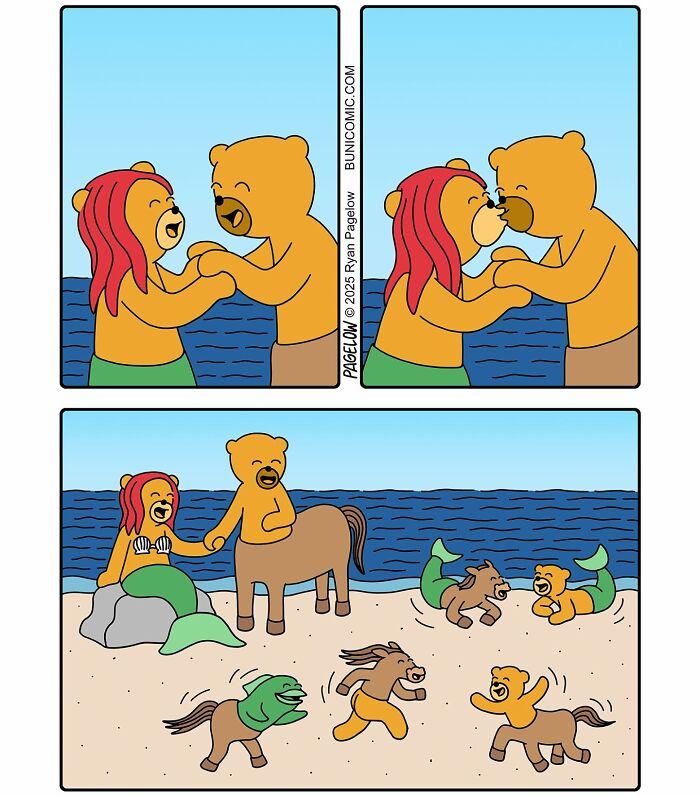 Cute yet twisted Buni comics showing a bear and mermaid bear transforming and playing happily on the beach.