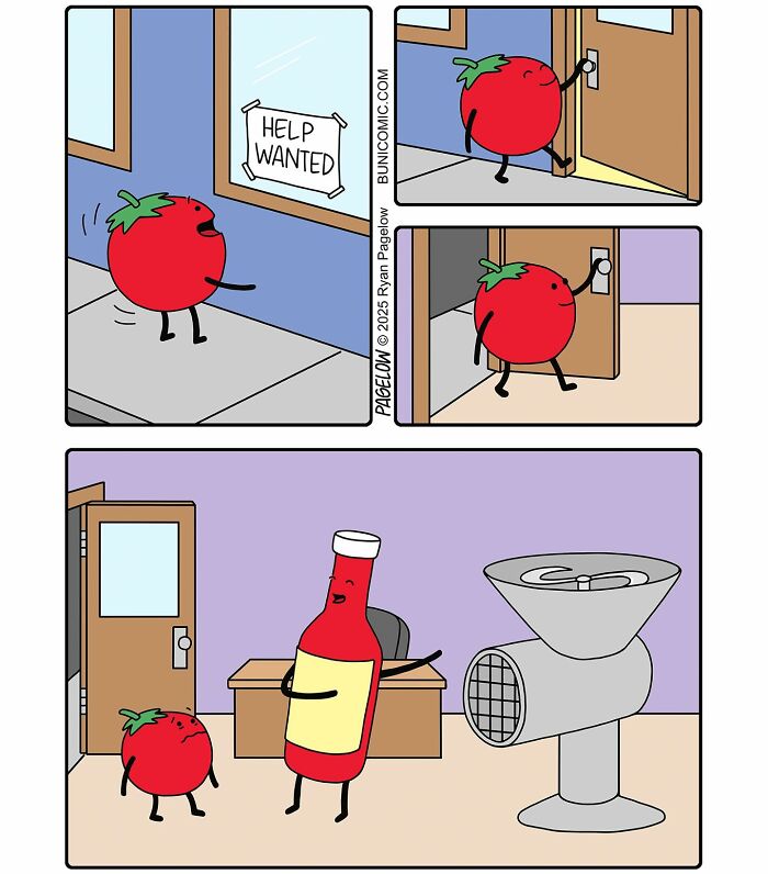 Cute yet twisted Buni comic with a tomato character applying for a job from a ketchup bottle in a funny scene.