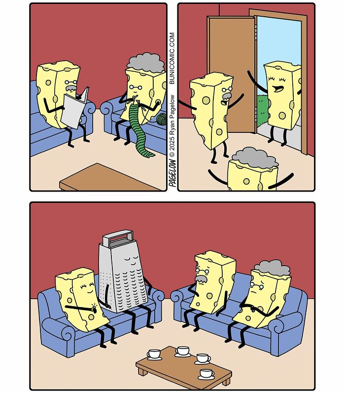Three-panel Buni comic featuring anthropomorphic cheese characters with a cheese grater, showcasing cute yet twisted humor.