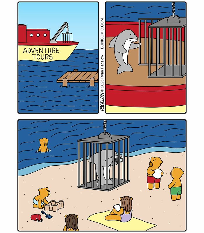 Buni comic showing a dolphin trapped in a cage while bears enjoy a beach, illustrating twisted humor in comics.