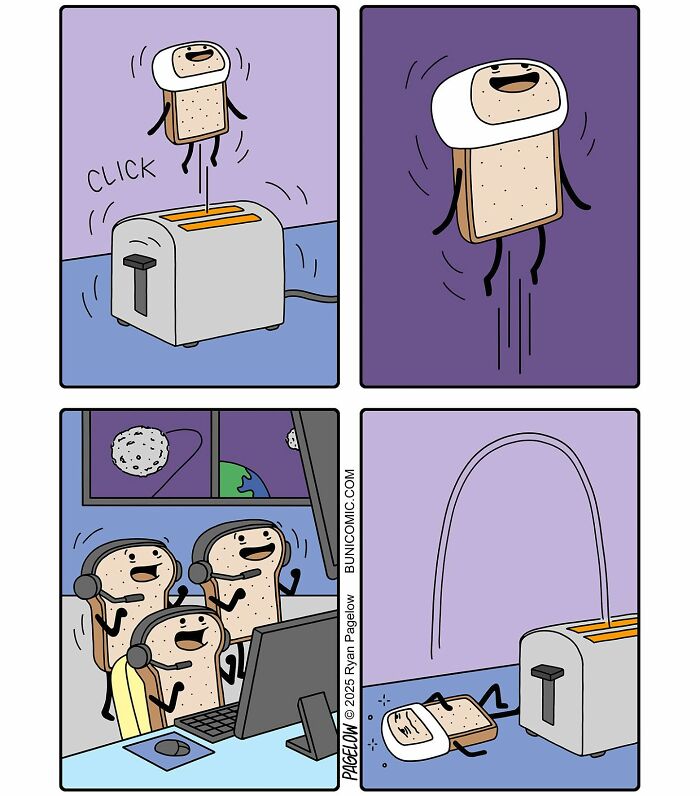 Buni comic panels show a cute yet twisted toaster-themed character jumping and falling, highlighting dark humor.