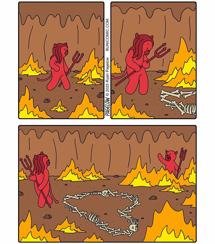 Red Buni comic character dressed as devil in fiery cave, arranging bones into a heart shape in a twisted Buni comic.