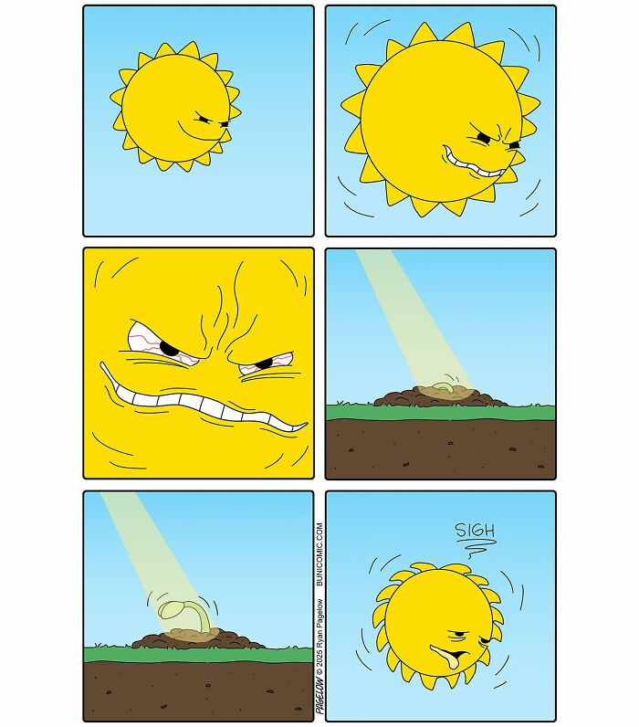 Twisted Buni comic panels showing an angry sun interacting with a small sprout, featuring cute yet twisted humor.
