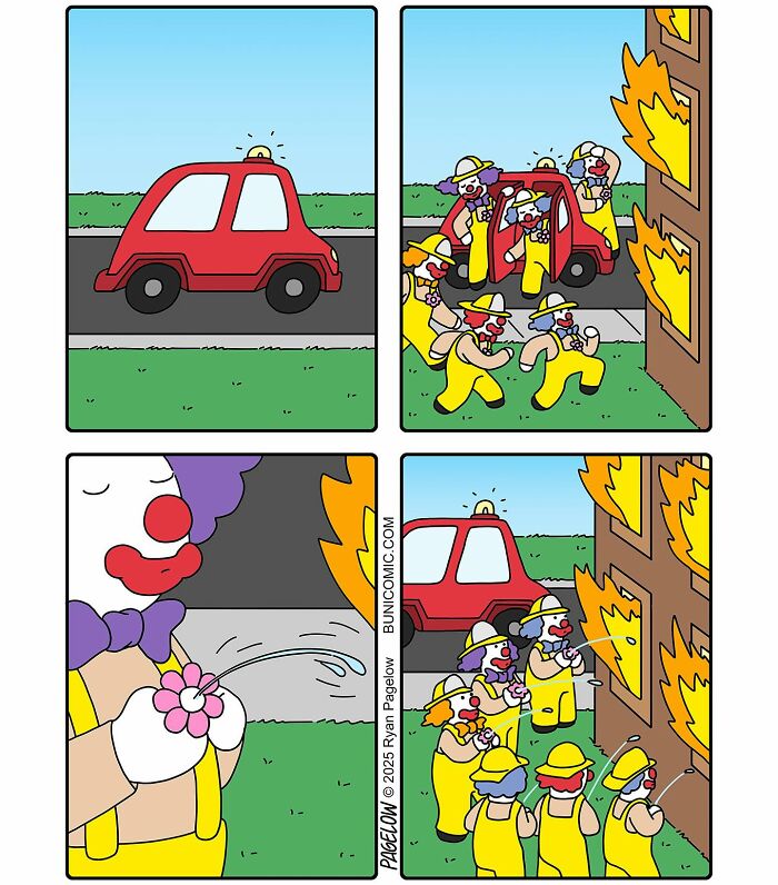 Firefighters dressed as clowns arrive with a small fire truck to humorously put out a building fire in a twisted Buni comic.
