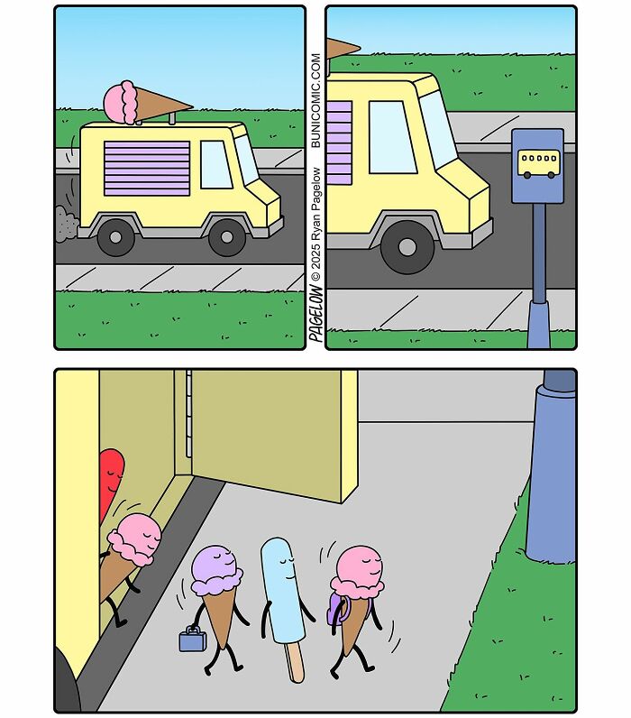 Buni comics showing an ice cream truck dropping off animated ice cream characters at a bus stop in a playful scene.