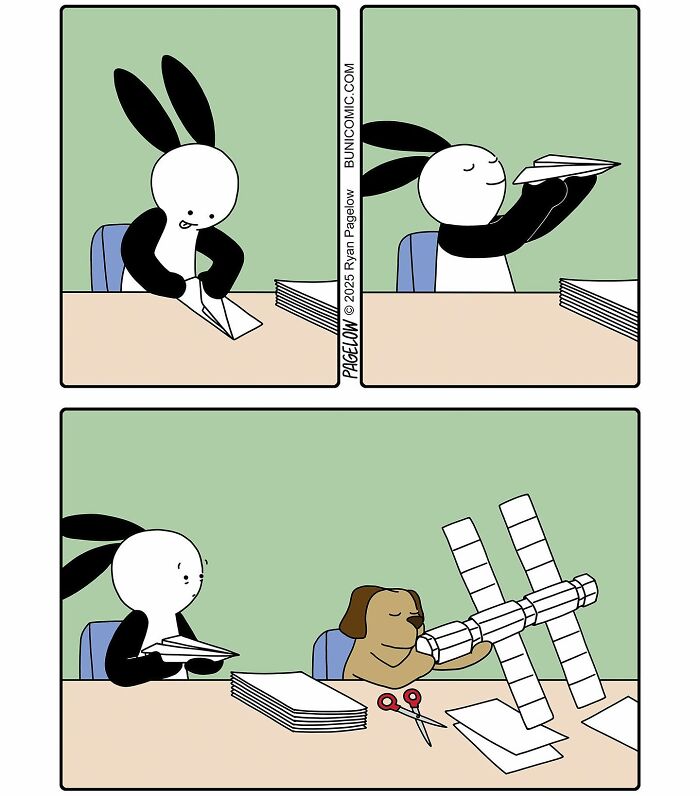 Buni comics featuring a rabbit folding paper planes, next to a dog creating a complex paper satellite model.