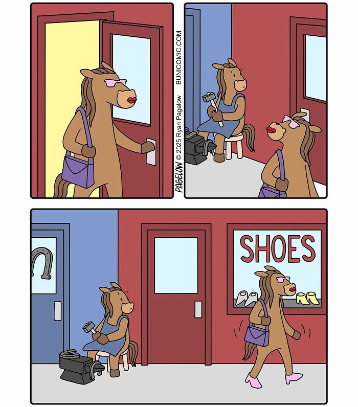 Buni comic showing a horse character using horseshoes as shoes, blending cute and twisted humor in the comic strip.