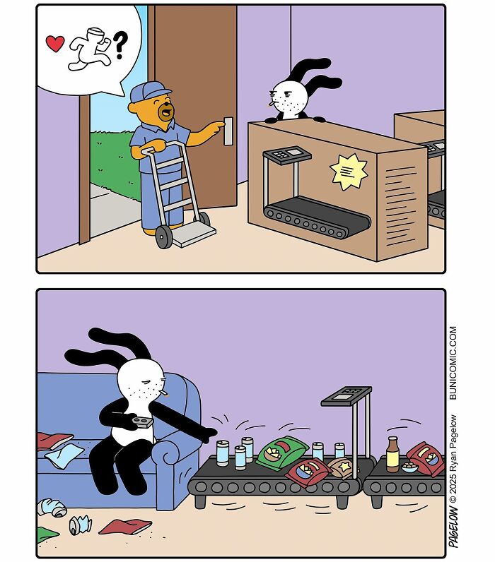 Buni comic strip showing a bunny working with a delivery worker and eating snacks from a conveyor belt at home.