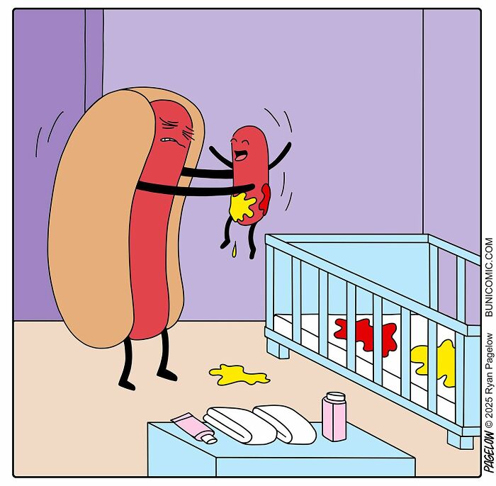 Hotdog character holding a smaller ketchup character near a crib with spilled mustard and ketchup in a Buni comic.