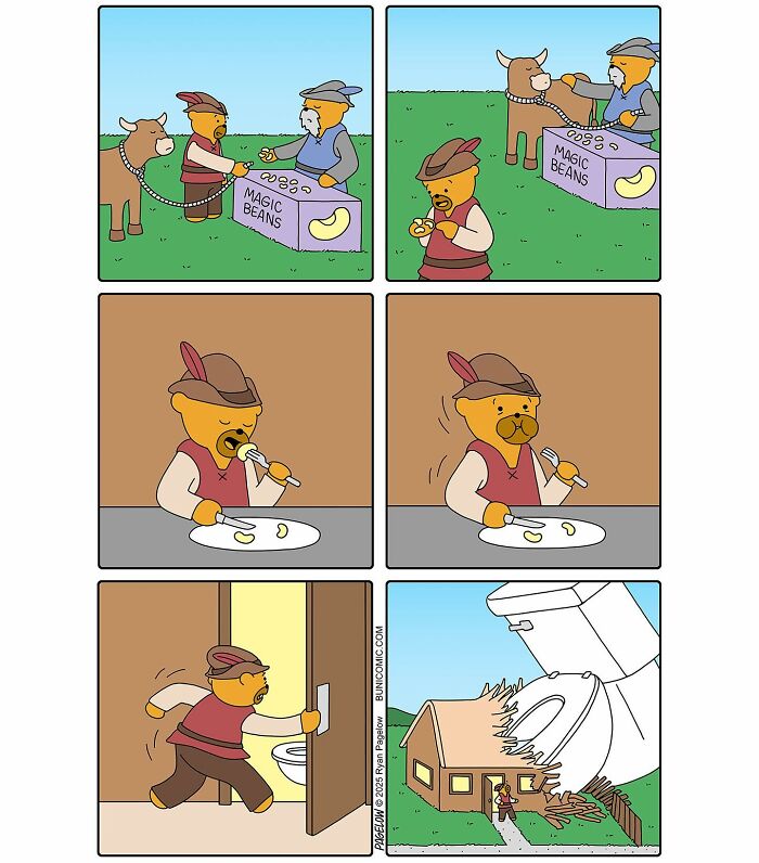 Buni comic featuring a character eating magic beans that cause a twisted, funny toilet explosion destroying a house.