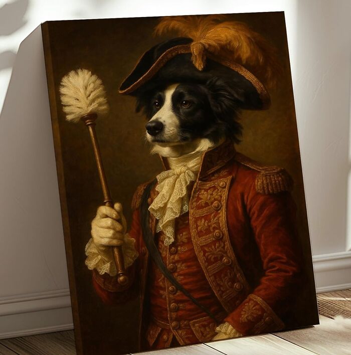 Portrait of a dog dressed in a vintage costume holding a brush, one of the weirdest picks found on Amazon.