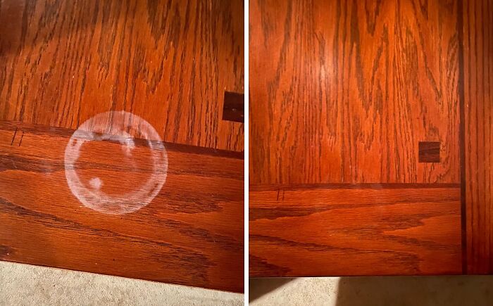 Before and after images showing a wooden surface cleaned to remove a white water stain using clever home hacks.