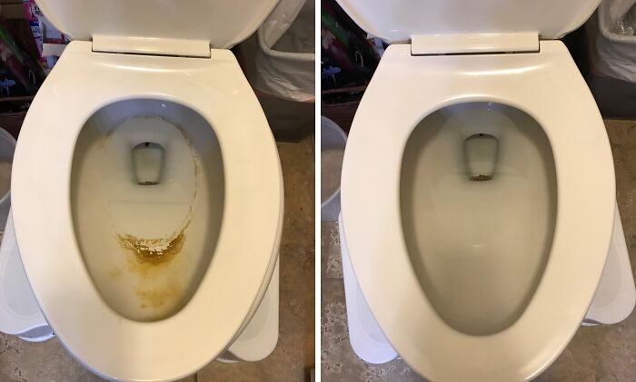 Before and after images of a toilet bowl demonstrating a clever home hack for deep cleaning and stain removal.
