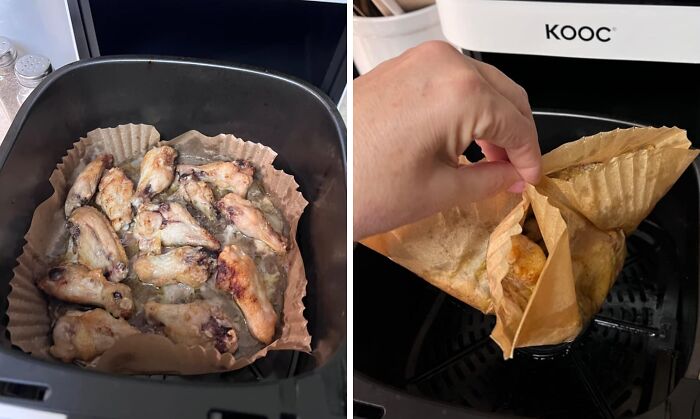 Air fryer cooking hack using parchment paper for easy cleanup, featured in clever home hacks for organized living.