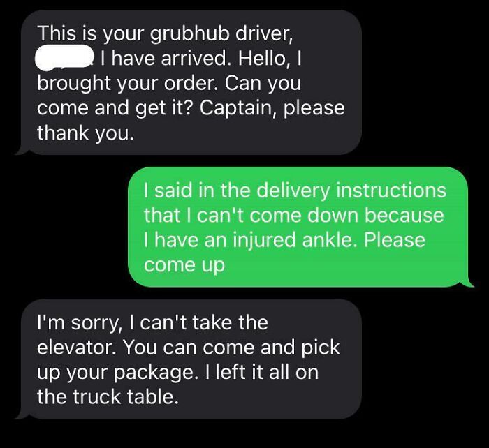 Text message exchange showing a delivery driver refusing to bring a package inside due to elevator issues.