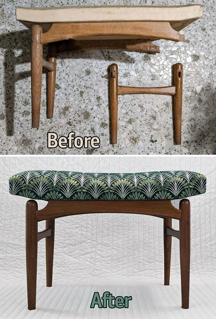 Before and after images of furniture flipping showing restoration and reupholstery of a wooden stool with patterned fabric.