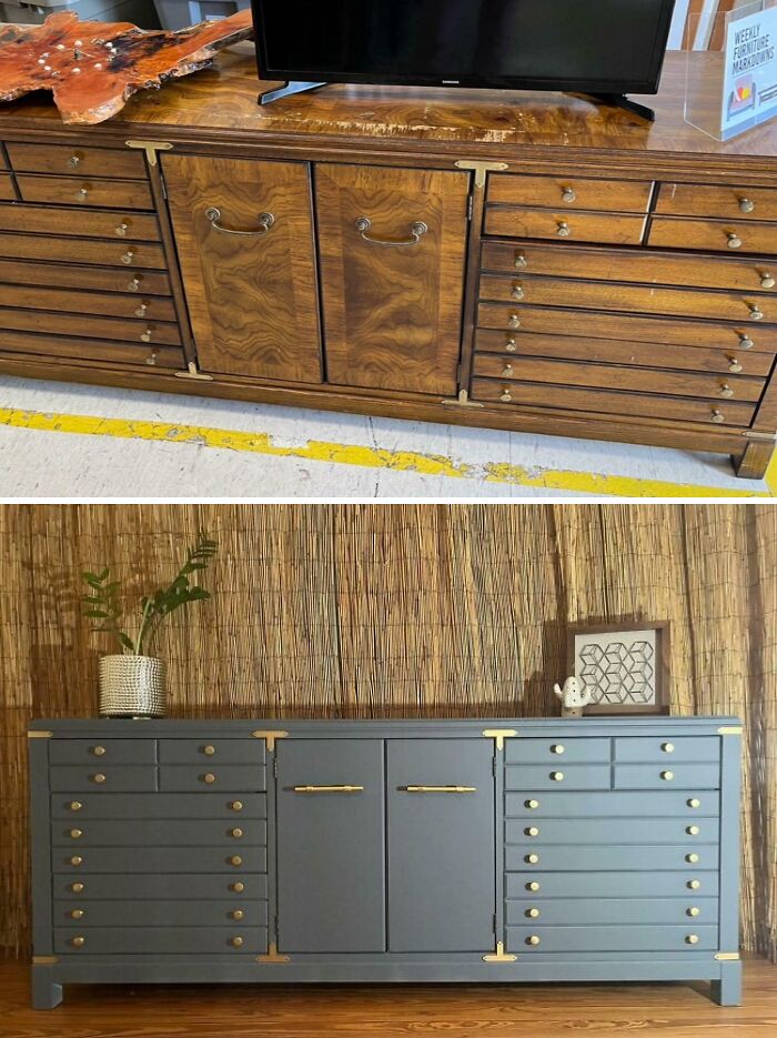 Before and after furniture flipping project showing a wooden cabinet transformed from natural finish to modern blue with gold hardware.