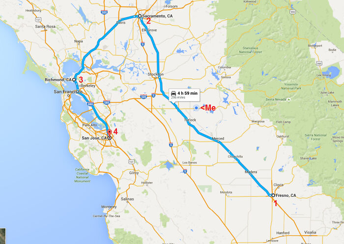 Map showing a delivery route from Fresno to San Jose with stops in Sacramento and Richmond, highlighting package fell into ocean.