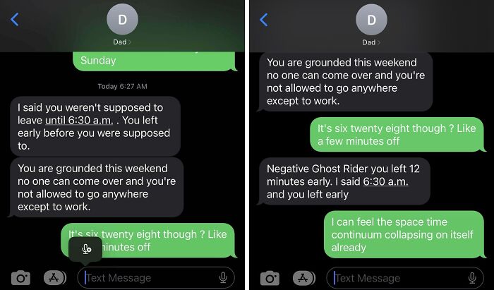 Text message exchange showing a dad grounding his child for leaving 12 minutes early, highlighting toxic dad behavior.
