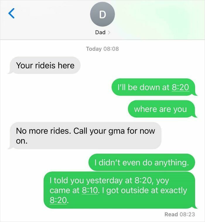 Text message exchange showing toxic dad behavior refusing to give rides and unfairly blaming child for timing mix-up.