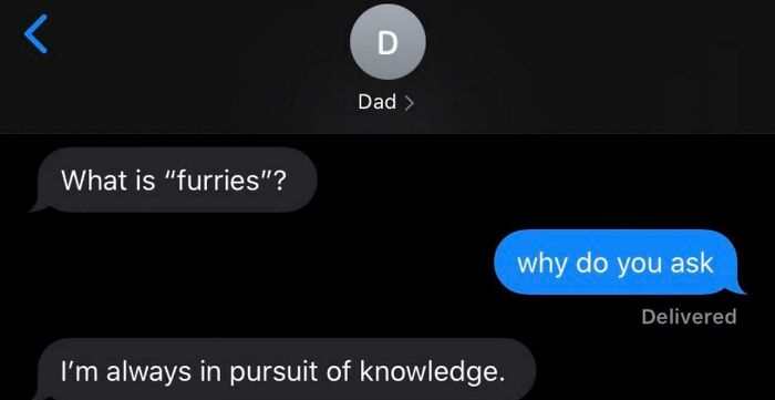Text message exchange where a dad humorously asks about furries, showing hilarious dads nailing fatherhood.