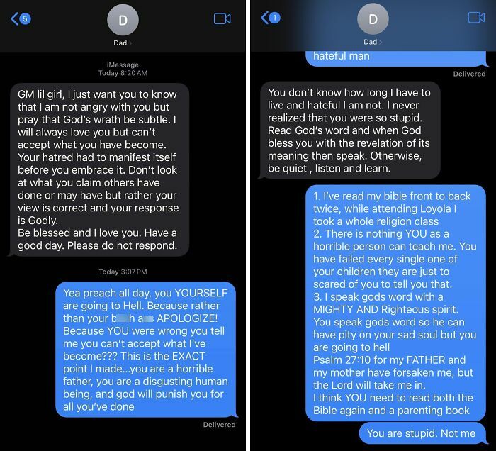Text message exchange showing a toxic conversation between a dad and child revealing harsh and hurtful language.