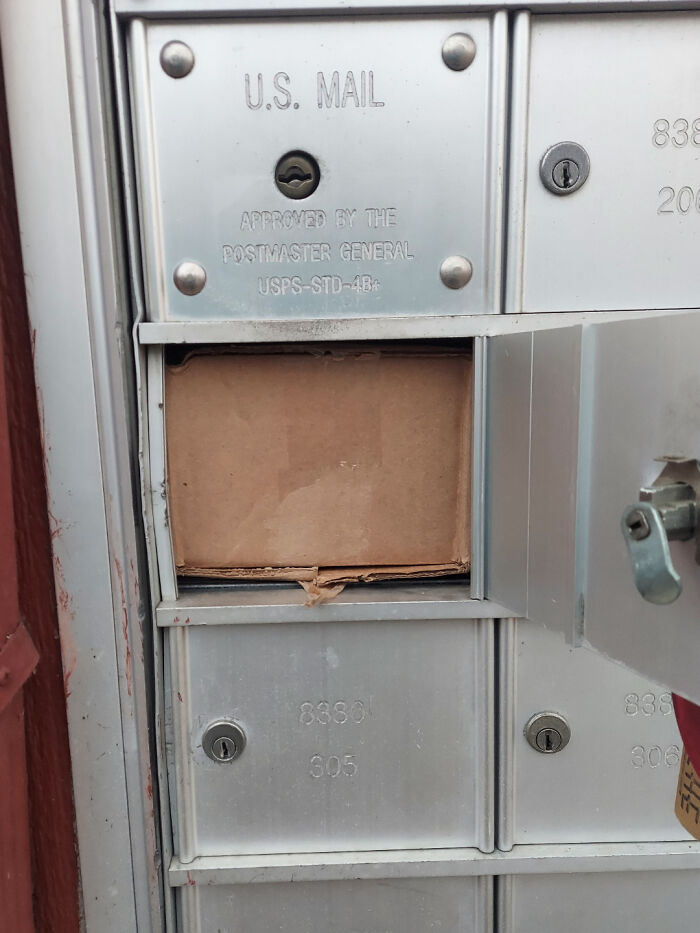 USPS mailbox with a package stuck inside, illustrating a delivery gone off track and missed from proper drop-off.
