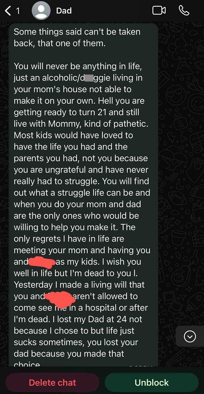 Screenshot of a toxic message from a dad displaying hurtful behavior towards his child.