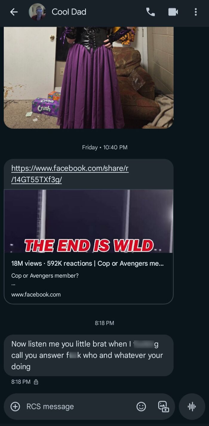 Text message exchange showing toxic dad behavior with aggressive language and a link to a Facebook video.