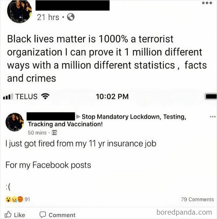 Person shares controversial Facebook post and reveals losing insurance job, illustrating consequences of their own actions.
